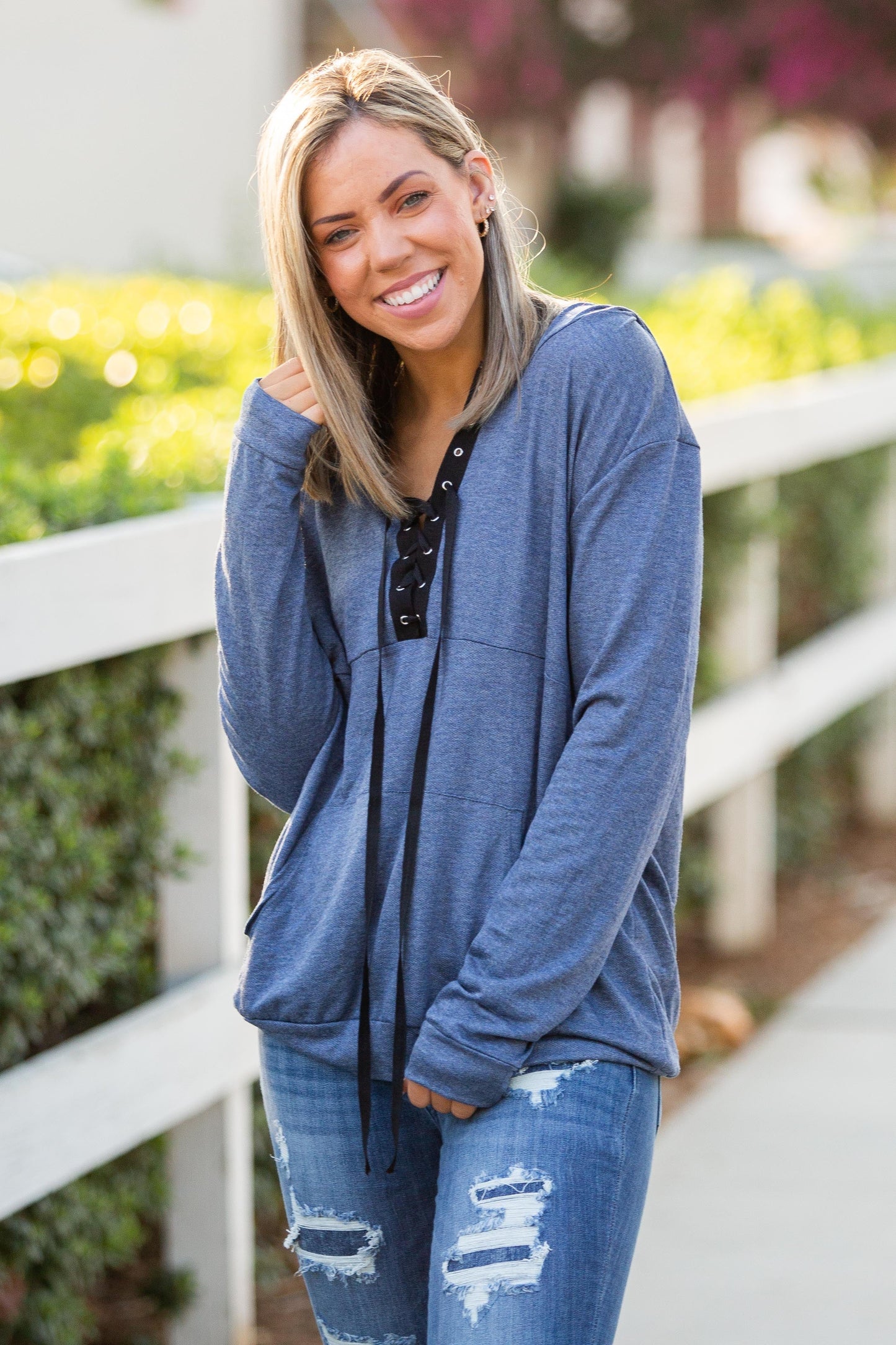 Chambray Lace Up Hoodie