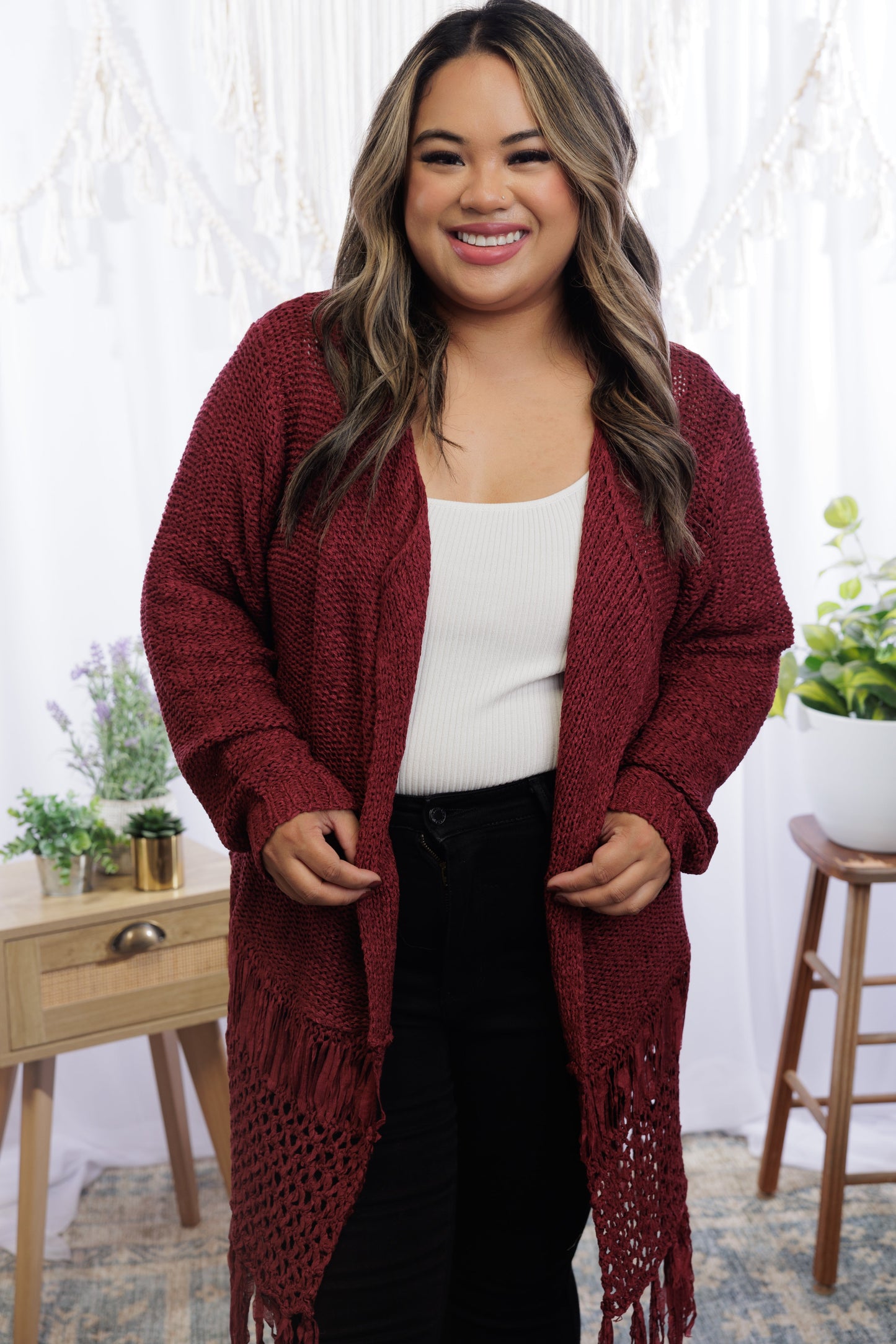 Tiana Fringed Cardigan - Wine